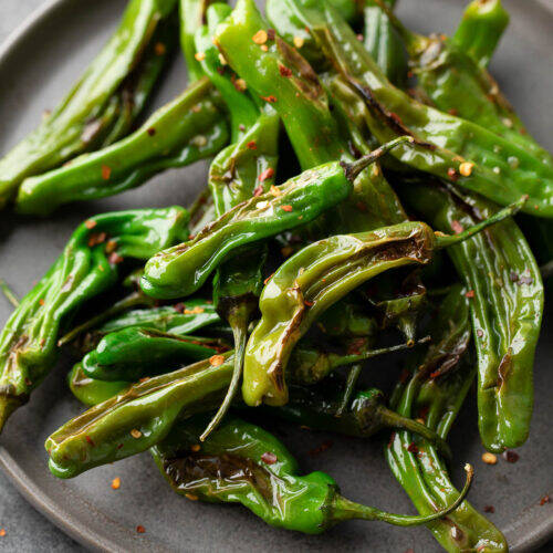 Blistered Shishito Peppers with Lemon Garlic Dipping Sauce
